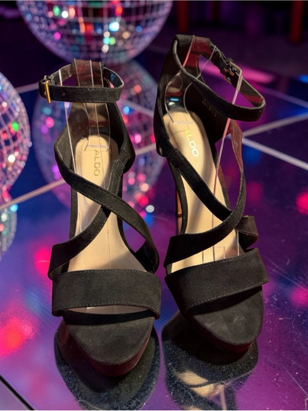 Aldo Black Wendell Velvet Strappy Ankle Strap Platform Stiletto Heel Sandal 6.5